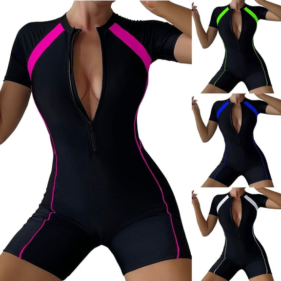 Women's One Piece Swimsuit Solid Color Patchwork Flat Leg Short Sleeve Zipper Front for Beach Pool Vacation,Blue,L