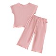 thumbnail image 4 of CHEEREAM Toddler Baby Girl Summer Clothes Knit Ribbed Short Sleeve T-Shirt Tops + Flowy Wide Leg Pants Two Piece Outfit, 4 of 9