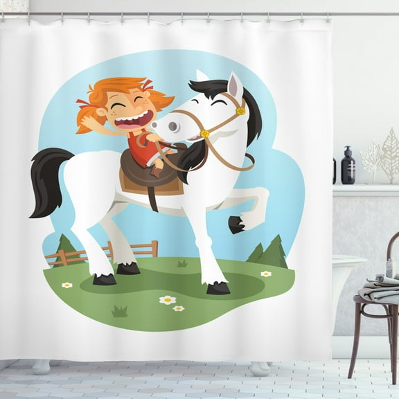 Pony Shower Curtain, Farm Animals Cartoon Cheerful Girl Child on a Happy Horse Countryside Scene, Fabric Bathroom Set with Hooks, 69W X 84L Inches Extra Long, White and Multicolor, by Ambesonne