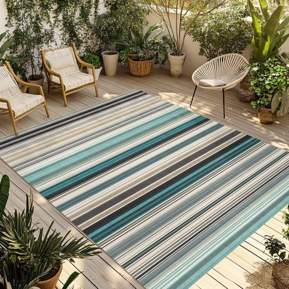 Teal Blue Striped Outdoor Rug for Patio/Deck/Porch, Non-Slip Large Area Rug 5 x 8 Ft, Farmhouse Stripes Modern Abstract Art Indoor Outdoor Rugs Washable Area Rugs, Camping Rug Carpet Runner