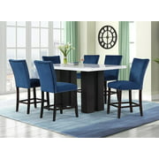 Adjara 7 Pieces Dining Set in White Faux Marble Covers in Blue Velvet