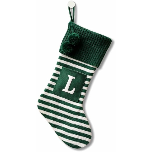 Medias navideñas bordadas con monograma inicial de 20 pulgadas, medias navideñas tejidas a rayas con letras rojas, blancas y verdes para decoración familiar, fiestas y chimeneas de Navidad.