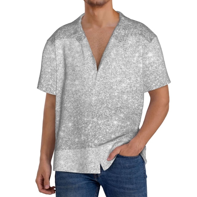 Fotbe Silver Glitter Camisa Estampada de Manga Corta para Hombre, Casual de Verano, Estilo Playero, Sin Arrugas-XX-Large