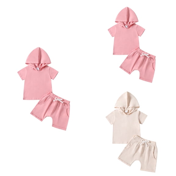 Antinious Toddler Boys Girls Solid Short Sleeve Hooded Blouse Elastic Waist Shorts Loose Versatile Outfits