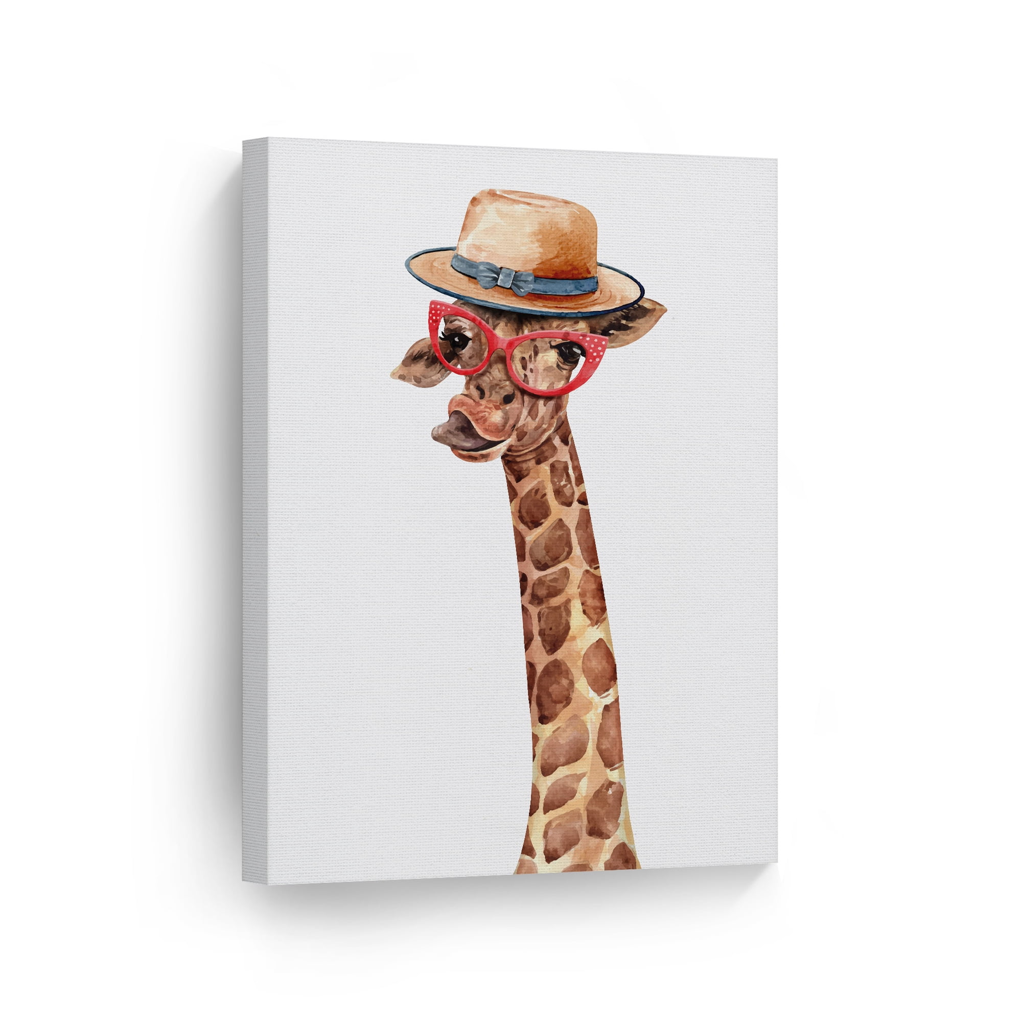 Smile Art Design Watercolor Portrait of Cute Giraffe with Hat Red Glasses Animal Canvas Wall Art Print Nature Safari Tropical Exotic Wildlife Living Room Kids Baby Nursery Decor - 40x30
