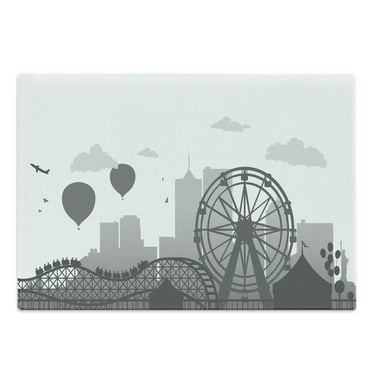 Ferris Wheel Cutting Board, Fun and Amusement Park Silhouette with City Skyline in Greyscale, Decorative Tempered Glass Cutting and Serving Board, in 3 Sizes, by Ambesonne