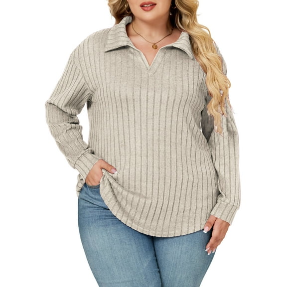 NISVIYA Oversized Workout Shirts for Women Casual Solid Color Tops Fashion Ribbed Blouses Basic Classic Lapel V Neck Sweaters