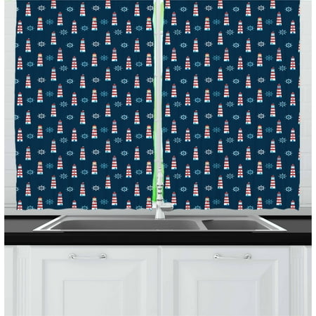 Curtains Marina Lighthouse Curtains 2 Panels Set, Abstract Helms Marine Navigation Towers Children Cartoon Style Pattern, Window Drapes for Living Room Bedroom, 55W X 39L Inches, Navy Blue Red White, by Ambesonne ()