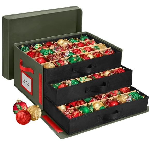 Ayieyill Premium Large Christmas Ornament Storage Box, Christmas Ornament Organizer, with Side Open, 3 Removable Trays -Keeps 72 Holiday Ornaments, Green