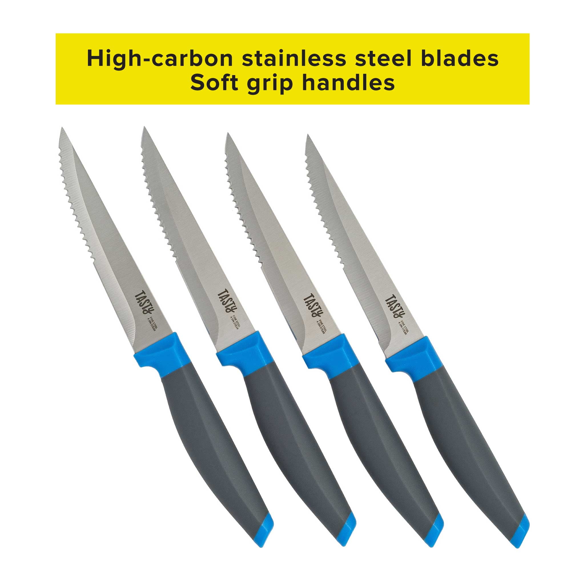 TASTY * 4 Piece Steak Knives / Serrated Blades * BLUE * Free