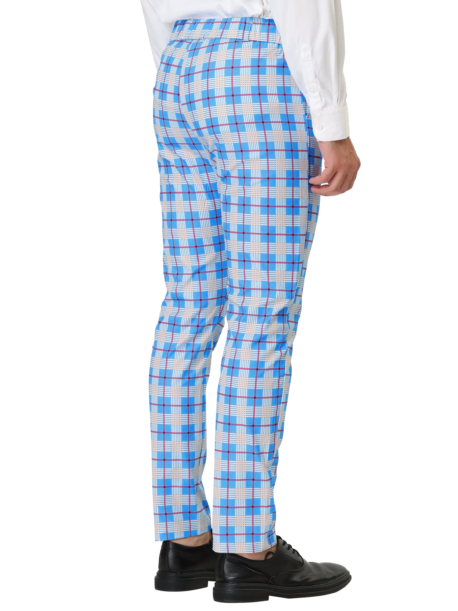Unique Bargains Men's Formal Color Block Slim Fit Flat Front Plaid Pants 30 Gray Blue