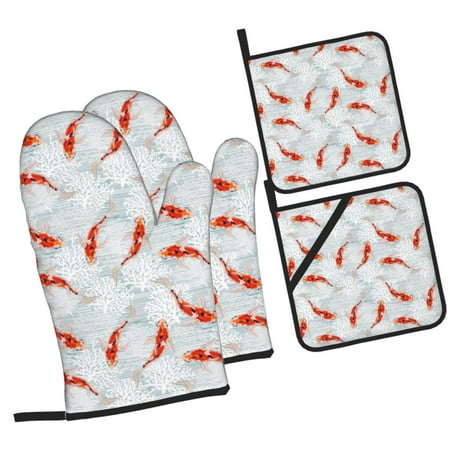 

Pofeuu Koi Fish Corals Spring Summer Print Oven Mitts and Pot Holders 4 pcs Set High Heat Resistant 500 Degree Extra Thicken Long Kitchen Cotton Oven Glove for Cooking