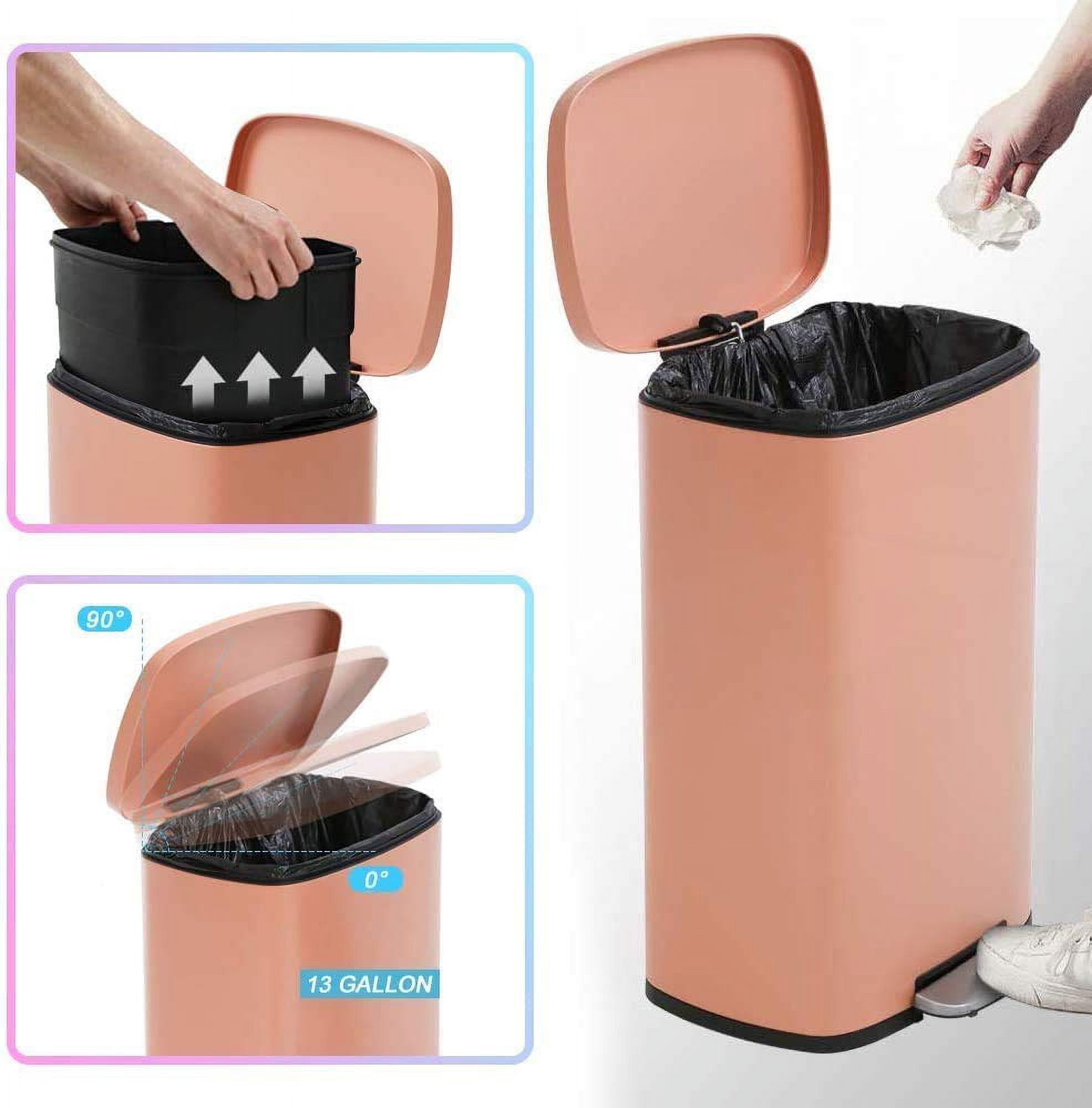Dkelincs 13 Gallon Kitchen Trash Can with Lid Step Garbage Can Stainless Steel Waste Bin for Home Office, Pink