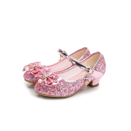 

Rotosw Girls Princess Shoe Glitter Mary Jane Bow Dress Shoes Lightweight Sparkling School Casual Pink 3Y