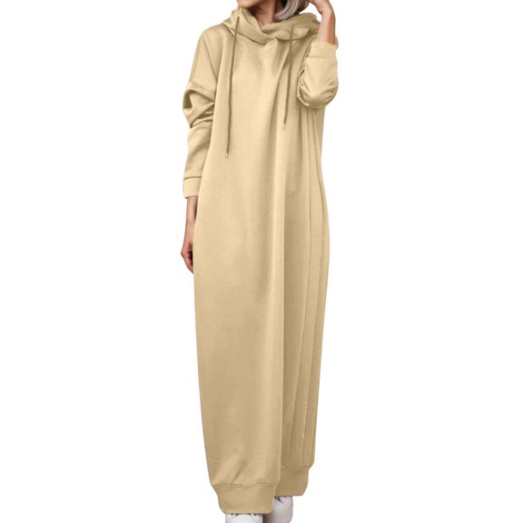 DHFJKG Women's Casual Long Dresses Soft Loose Fit Hooded Drawstring Sweatshirt Maxi Dress Comfortable Long Sleeve Trendy Dresses