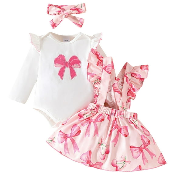 IWEMEK Newborn Baby Girl Clothes Ruffle Long Sleeve Romper Pink Bowknot Skirt 3 Pieces Fall Outfit Sets Size 12-18M