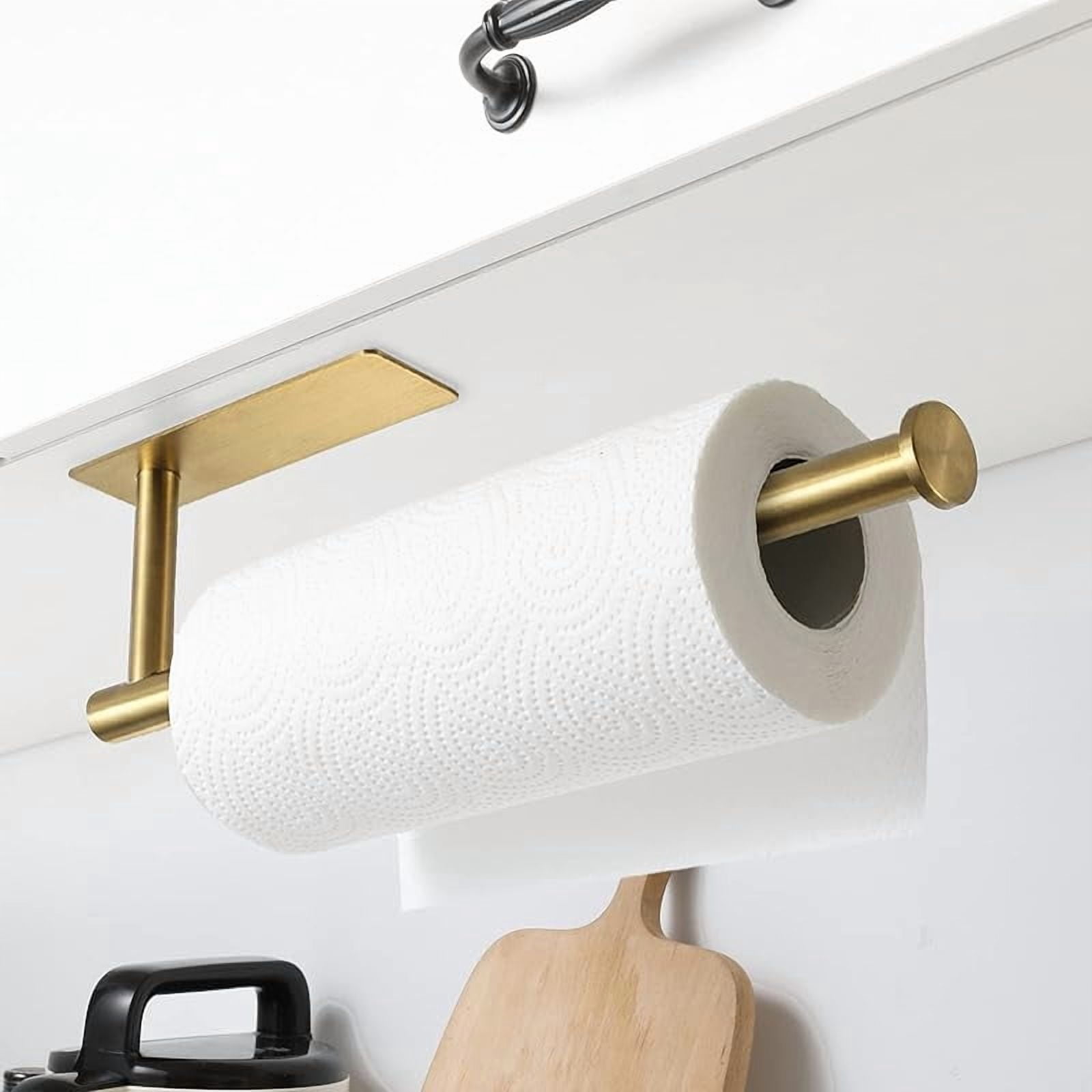 Gold Paper Towel Holder for Kitchen, Adhesive Under Cabinet Paper Towel Roll Rack for Bathroom Towel, Wall Mounted Matte Black, SUS304 Stainless Steel