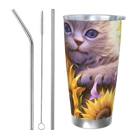 

Salouo Daisy Sunflower Lazy Cat Print 20oz Tumbler with Lid Stainless Steel Vacuum Insulated Tumbler Durable Insulated Coffee Mug Thermal Cup with Splash Proof Sliding Lid-Straw Three-piece Set