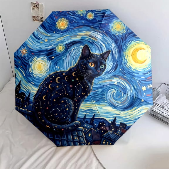 Starry Night Black Cat Print Automatic Folding Umbrella, Portable 8-Rib Windproof Rain Umbrella for Outdoor, Travel, and Daily Use