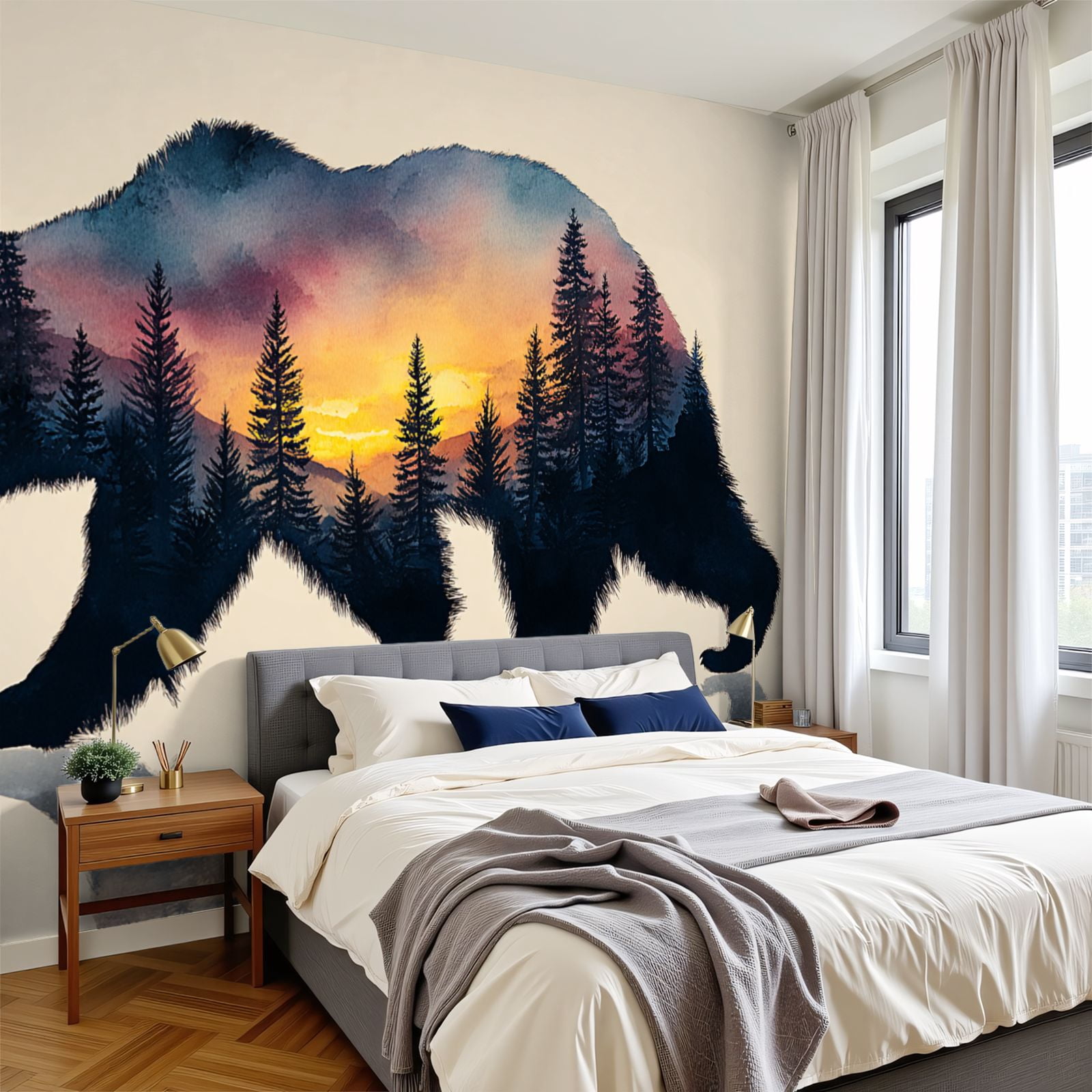 Wallpaper Animal Forest Scene Bear Trees Sunset Silhouette Peel and Stick Wall Murals 100"H x 144"W Removable PVC Wall Paper Self-Adhesive Wall Paintings Art Decor for Bedroom Living Room