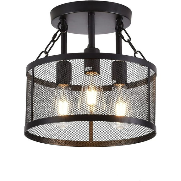 Industrial Vintage Caged 3-Light Semi Flush Mount Ceiling Light with Metal Mesh Shade Black
