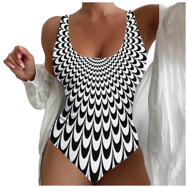 MKLEKYY Trajes De Baño Dama Women Large Size Swimwear Figure Shaping U Neck Striped Print Sports Swimsuits Swimsuit With Wide Shoulder Straps