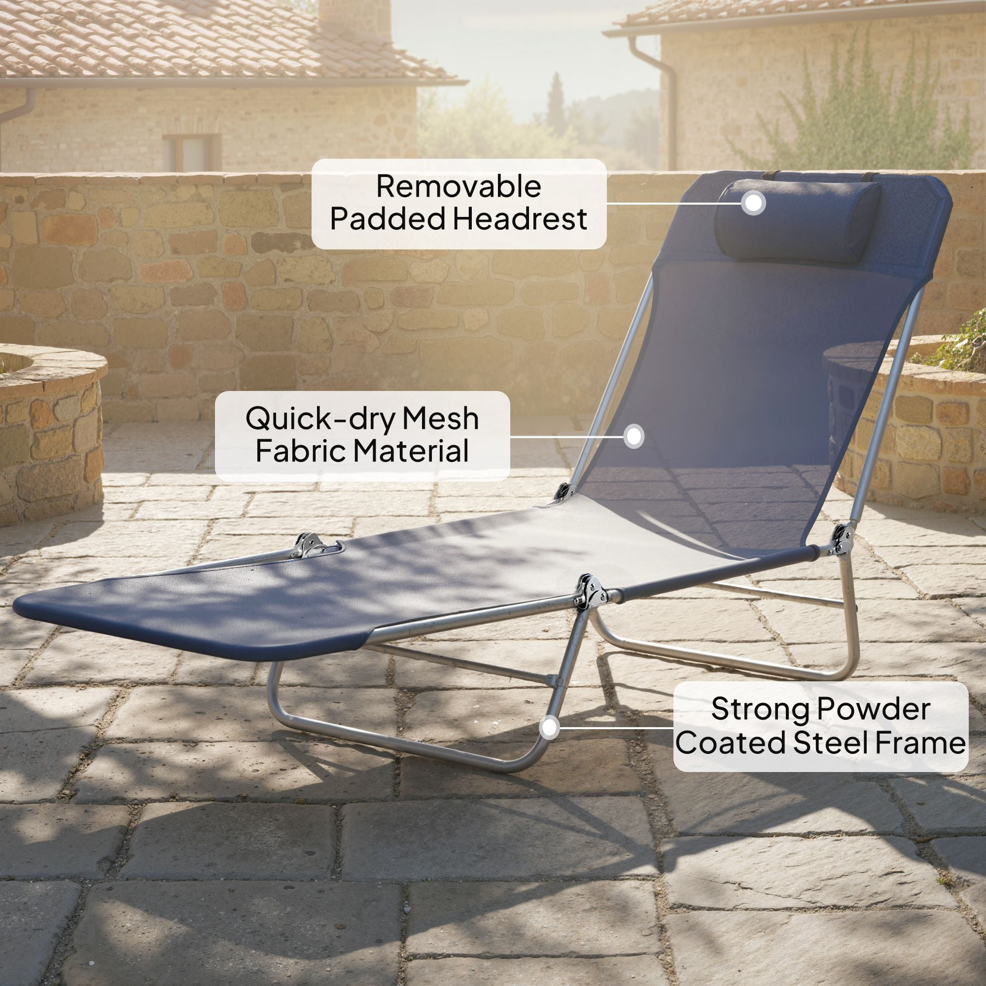5-Position Reclining Foldable Outdoor Chaise Lounge with Head Pillow, Powder Coated Steel Breathable Quick Dry Mesh Pool Beach Lawn Lounge Chair Supports 264lbs