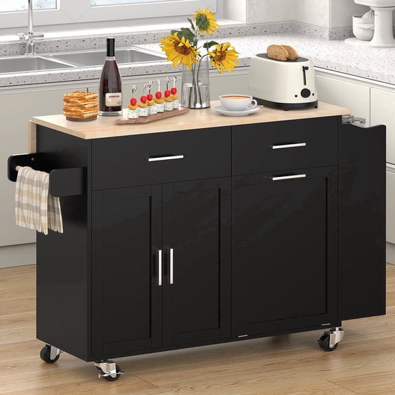 Meteorleg Rolling Kitchen Island with Drop Leaf, Tilt Out Kitchen Trash Cabinet 10 Gallon Storage, Kitchen Cart Island with Rubber wood Top, Spice Rack and Drawers,Black