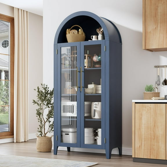 Soonbuy 5 Tier Arched Kitchen Pantry Storage Cabinet, Farmhouse Display Shelf with Adjustable Shelf and 2 Large Glass Doors, Versatile Cupboard for Kitchen, Dinning Room, Living Room