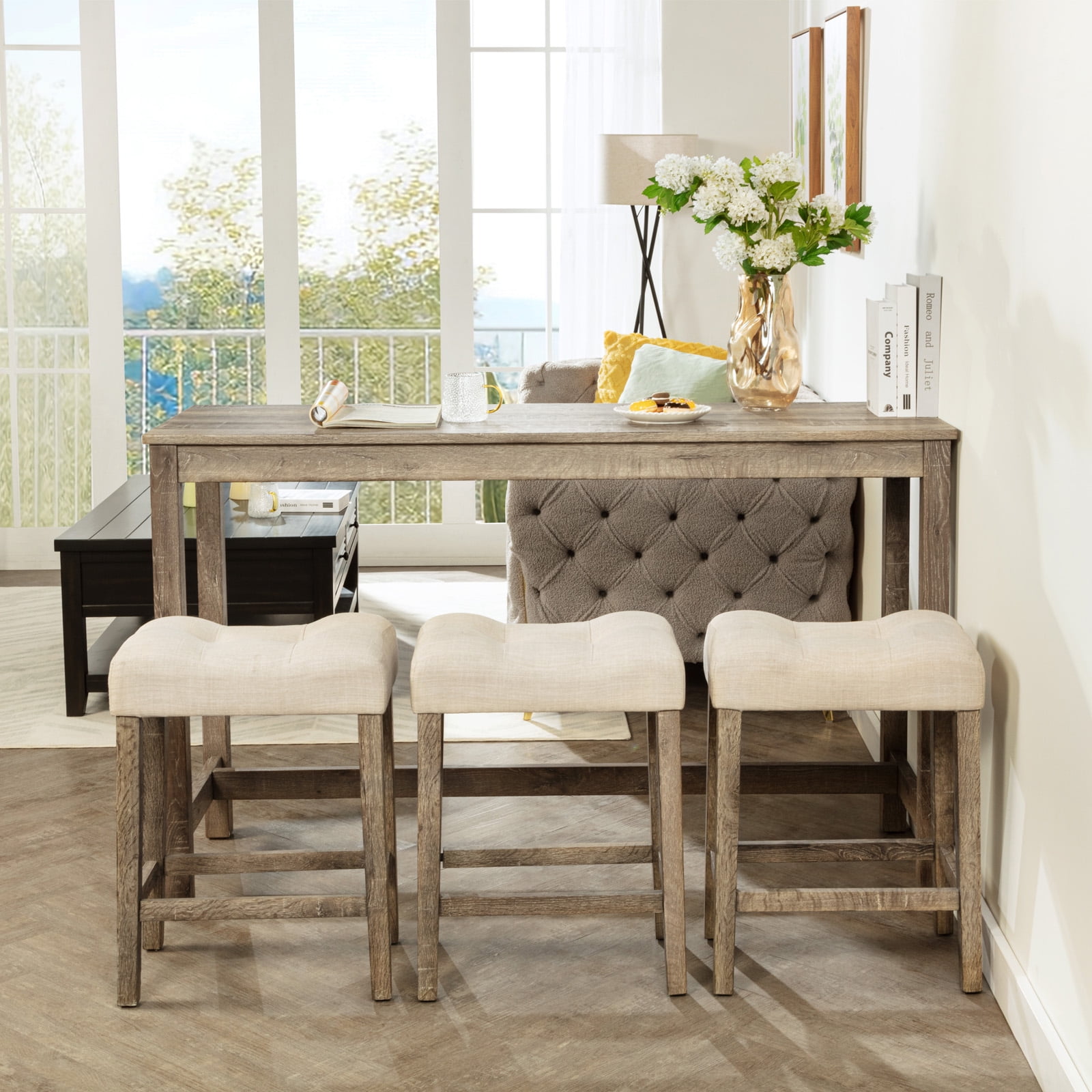 Aukfa 4 Piece Bar Table Set with Power Outlet, Breakfast Table with 3 Padded Stools, Dining Table and Chairs Set for Living Room, Dining Room, Brown