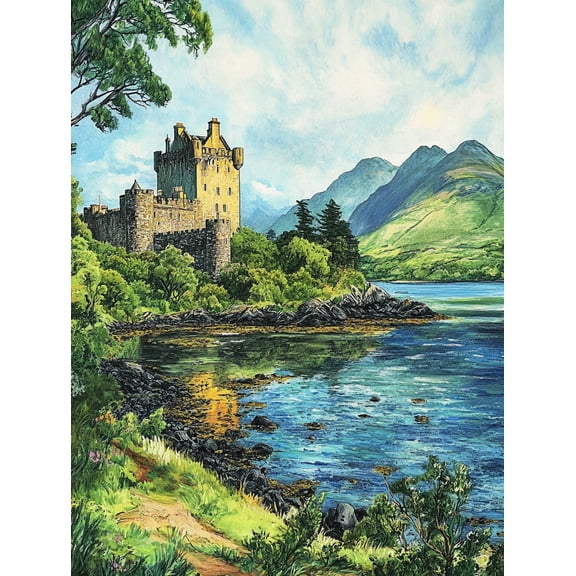 Scottish Castle Lakeside Landscape Canvas Print/Wall Art， Suitable for Living Room， Bedroom， Office， Dining Room， and Hallway Decoration.