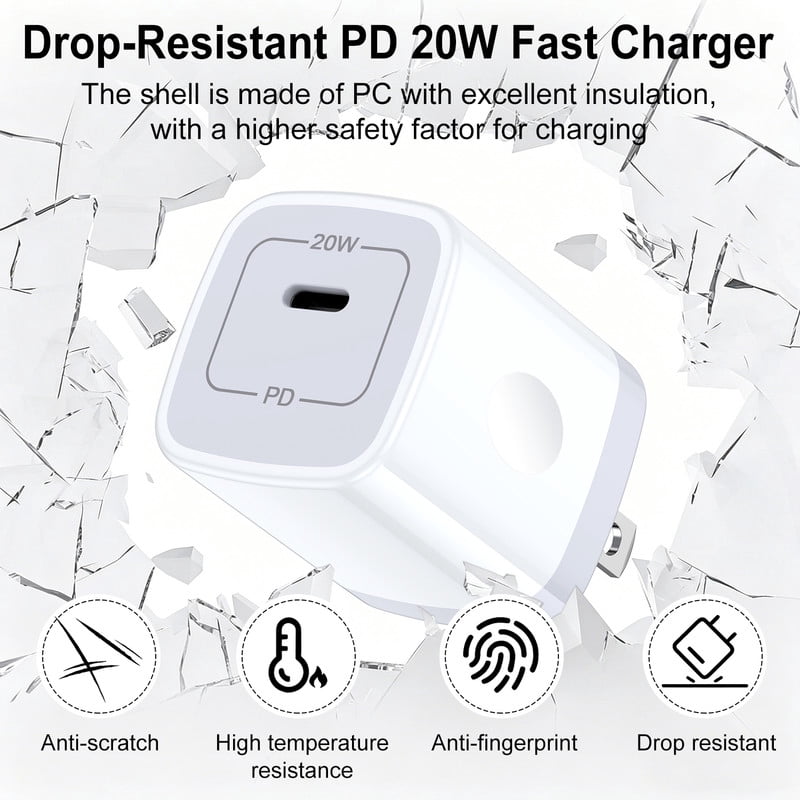 2 Pack PD 20W Fast Wall Charger Block, 20W Phone Charger with 6FT Type C Charger Block Cables, Compatible with iPhone 17/16/15 Pro Max iPad Pro Galaxy S26 Android,White