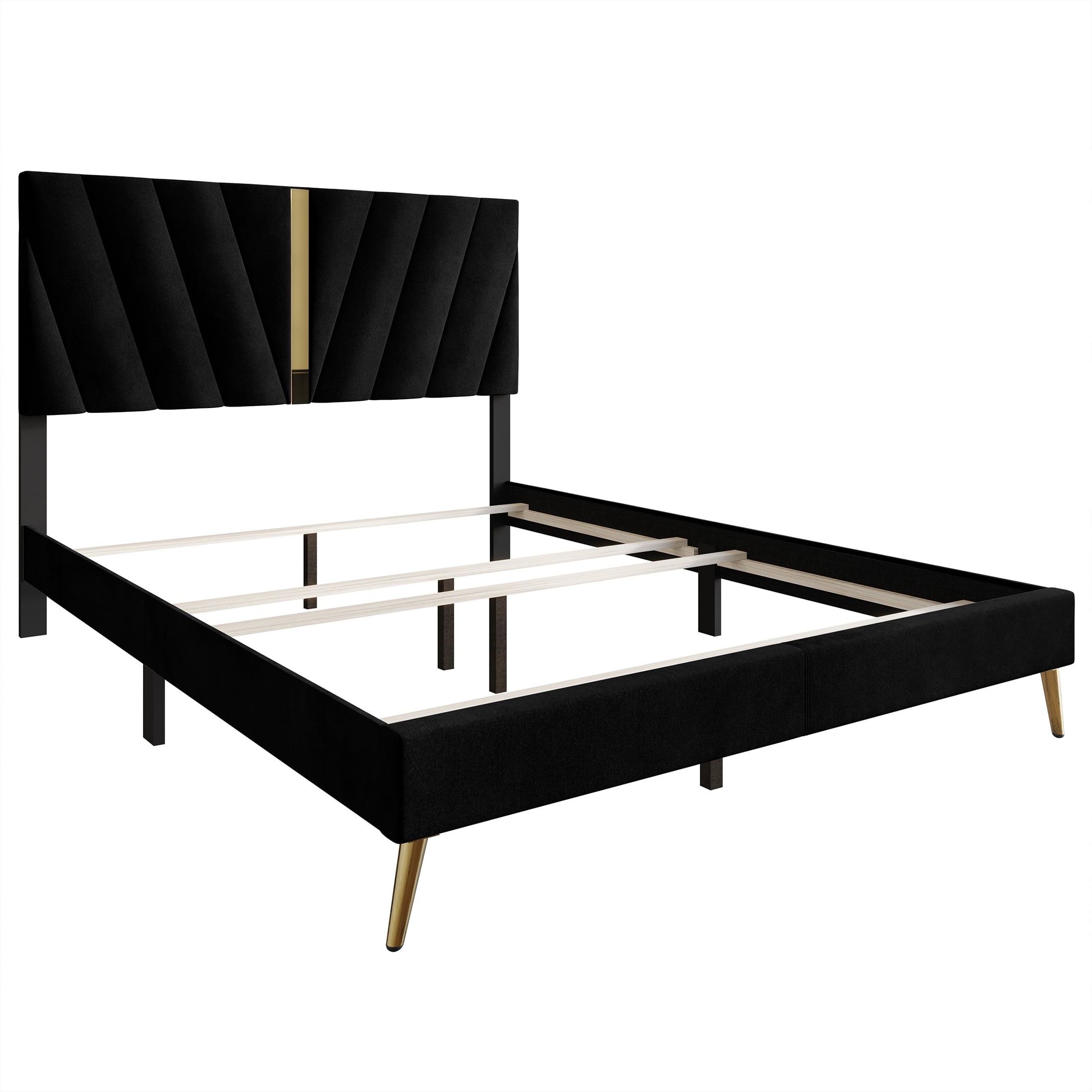 Castle Place Contemporary Velvet Queen Upholstered Bed with 2 Nightstand and Bench, Black