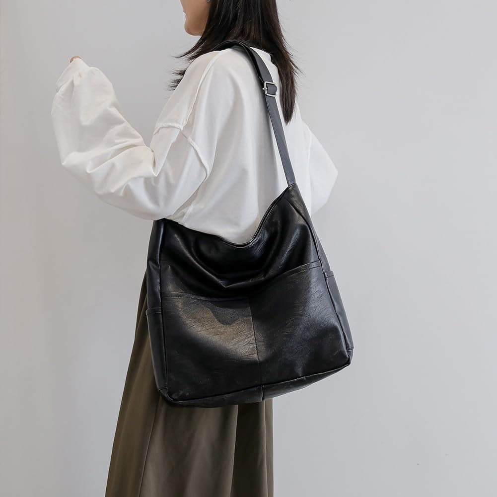 Kukuzhu Faux Leather Tote Bag with Pockets Women Shoulder Bag College Tote Bag Hobo Crossbody Bag for Work Travel