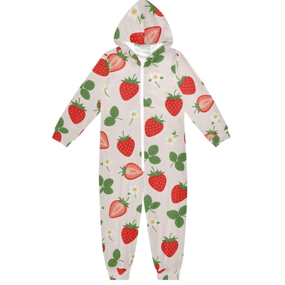 Strawberry Cute Boys & Girls Hooded One-Piece Pajamas Warm Crystal velvet Hooded Long Sleeve Loungewear Jumpsuit Unisex