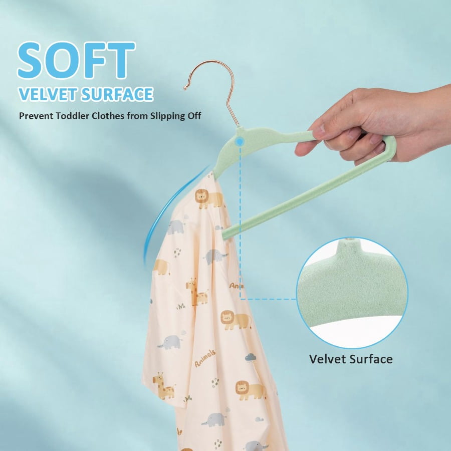 Tonswachic Baby Velvet Hangers 30 Pack - 11 Inch Premium Felt Non Slip Kids Hanger for Infant & Toddler Clothes - 0.2" Slim Space-Saving Baby Felt Hangers for Children's Closet with 10 Clips - Beige