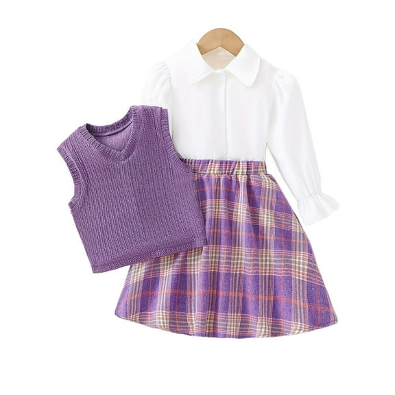 Bnwani Long Sleeve Sets for Toddler Waistcoat Cute Lattice Tops And Skirt Set 2 pieces Purple Size 3-4t