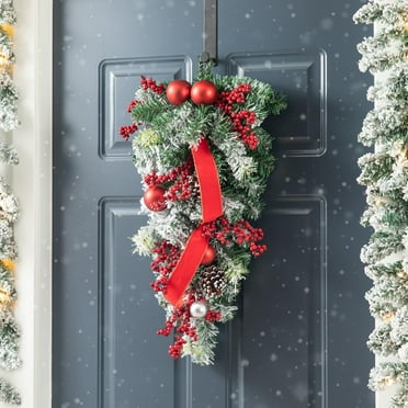 Glitzhome 25"H Flocked Berry, Ornament and Pinecone Ribbon Teardrop