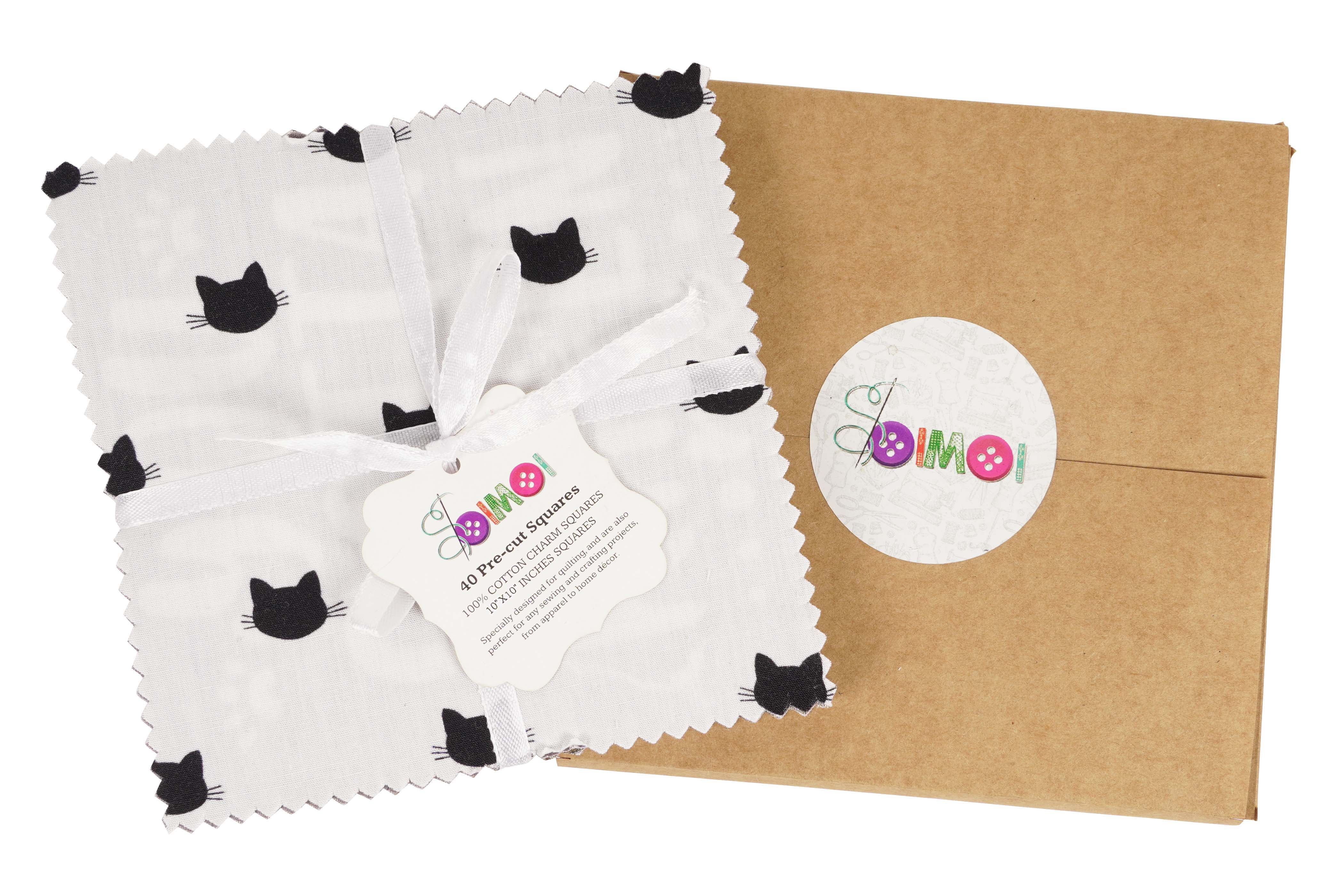 Soimoi Precut 10-inch Cat Prints Cotton Fabric Bundle Quilting Squares Charm Pack DIY Patchwork Sewing Craft- Brown, Grey, Black & White