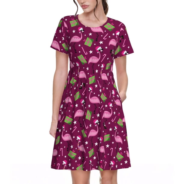 Balery Festive Flamingos Vestidos sueltos de manga corta para mujer, vestidos de verano 2025, vestidos casuales de corte A con vuelo.