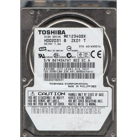 MK1234GSX, A0/AH001A, HDD2D31 B ZK01 T, Toshiba 120GB SATA 2.5 Hard Drive