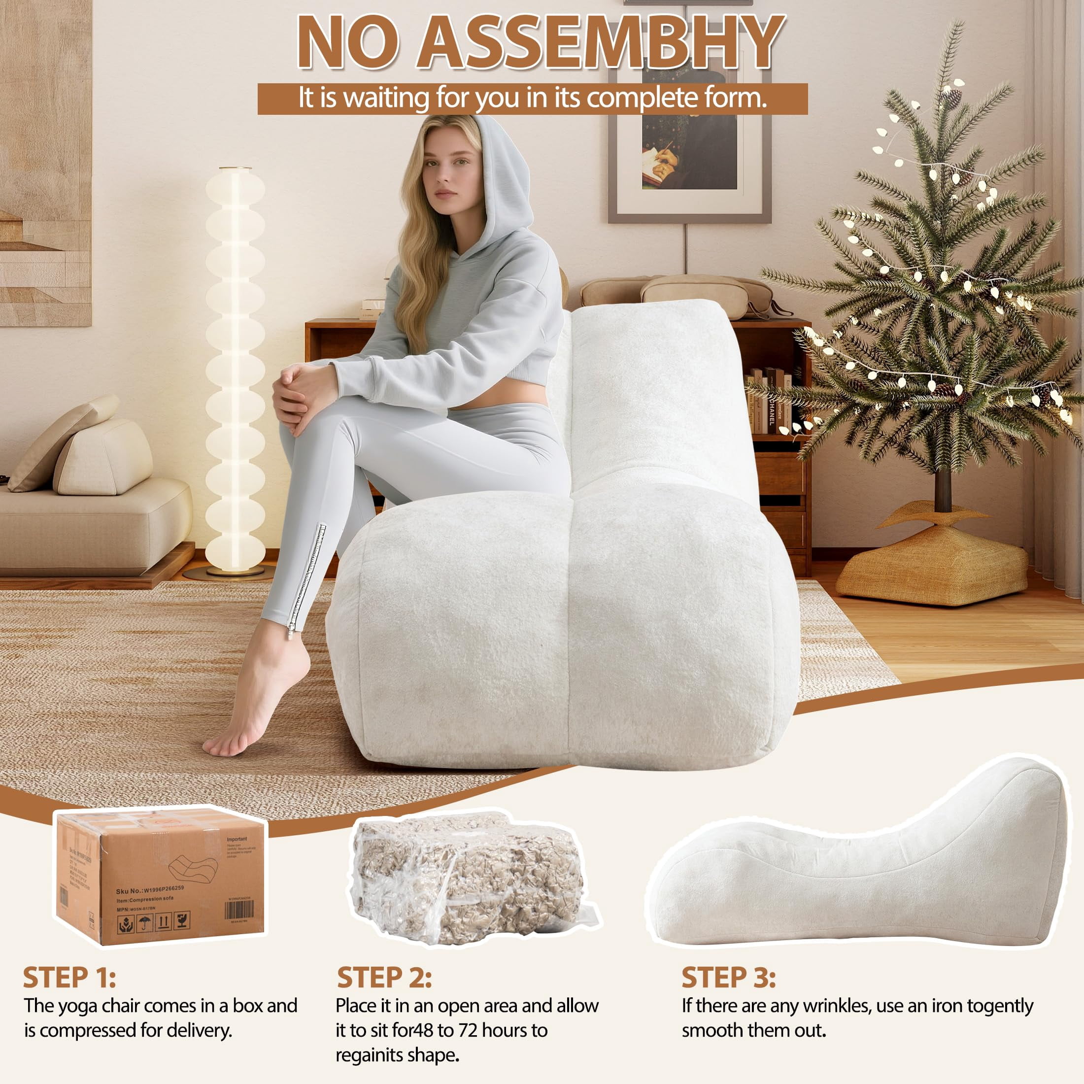 Aukfa Chaise Lounge, Bean Bag Sofa for Stretching, Relaxation, High Density Foam Recliner, White