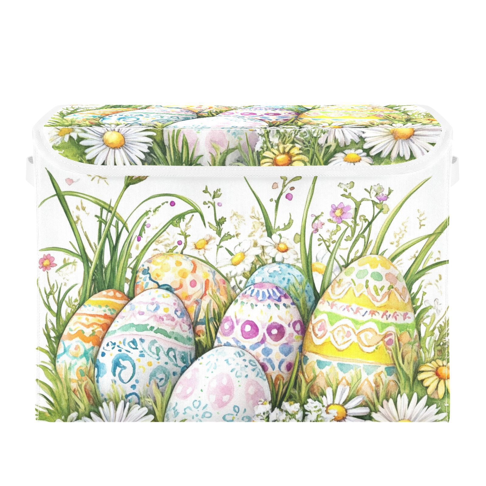 Easter Eggs Flowers Storage Basket for Shelves Foldable Container Organizer for Organizing Toys Clothes Books with Handles