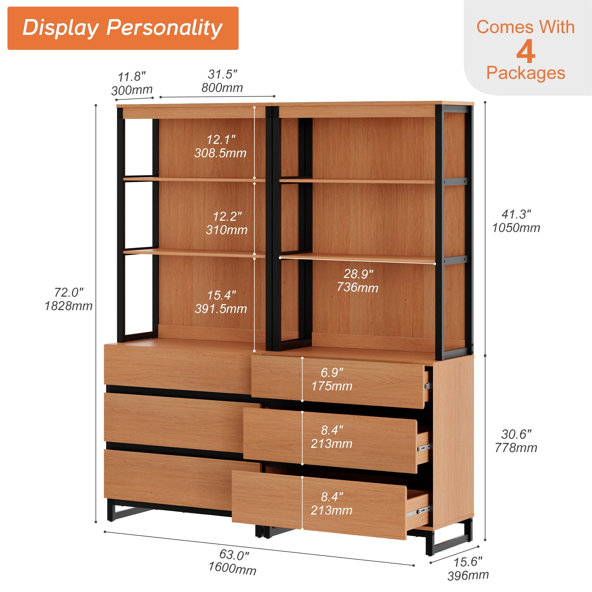 WAMPAT 2-Piece Modern 72" Tall Freestanding Bookcase，6 Drawers, Open Shelves & Storage Cabinet with Metal Base，Wood Library Bookshelf for Home Office & Living Room