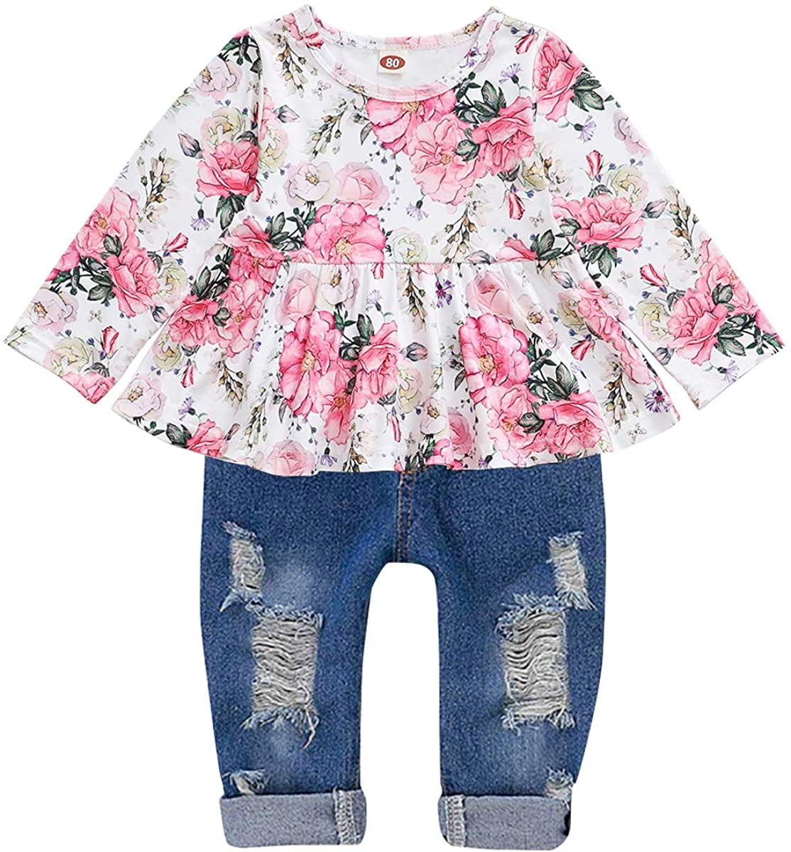 CARETOO Girls Clothes Outfits Cute Baby Girl Floral Long Sleeve Pant Set Flower Ruffle Top 