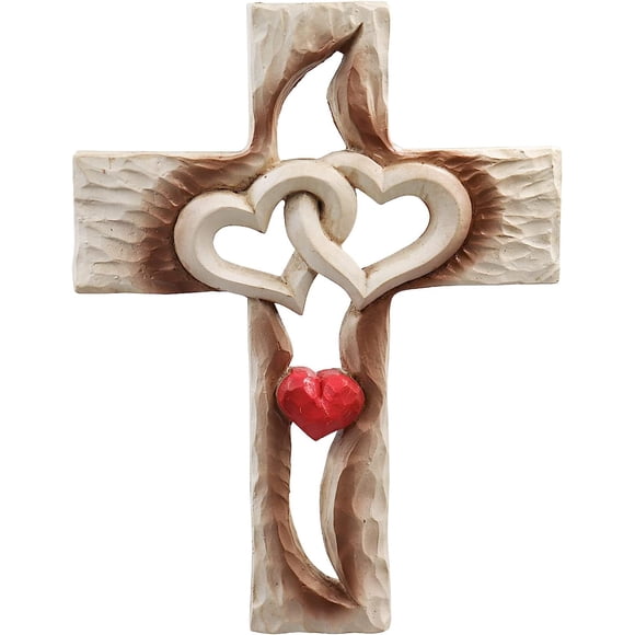 Oooct Carved Cross, Resin Cross Wall Decor, Intertwined Hearts & Never Separates Love, Great Christian Gift, Wall Art Gift, Home Living Room Decor - 6.88 × 5.23 Inch