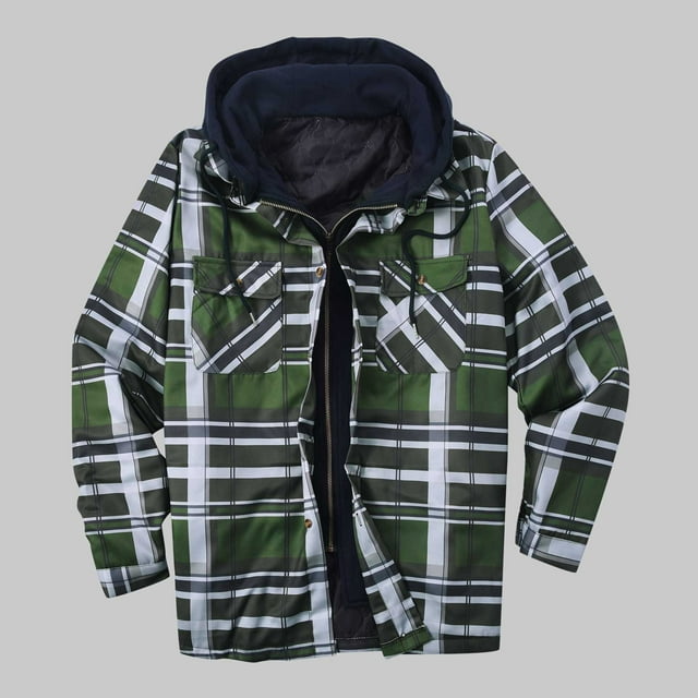 DPTALR Men Zipper Casual Hooded Fake Two Loose Thicken Lattice Jacket