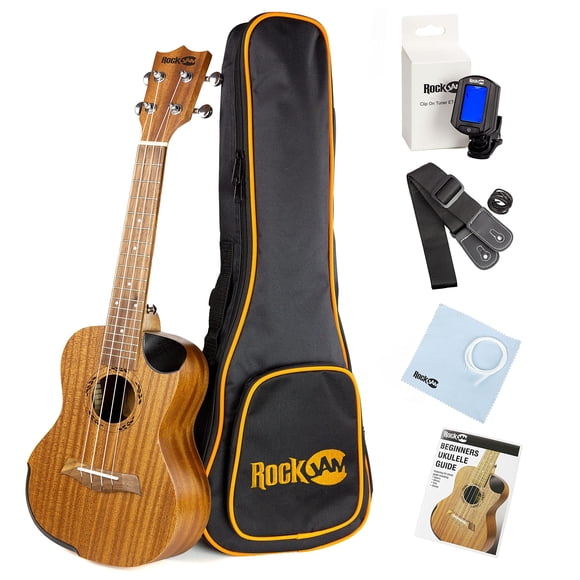 RockJam Premium Kit de ukelele tenor con afinador, funda, correa, púas y cuerdas de repuesto, 4, derecho, natural, completo (RJUK-712T-N)