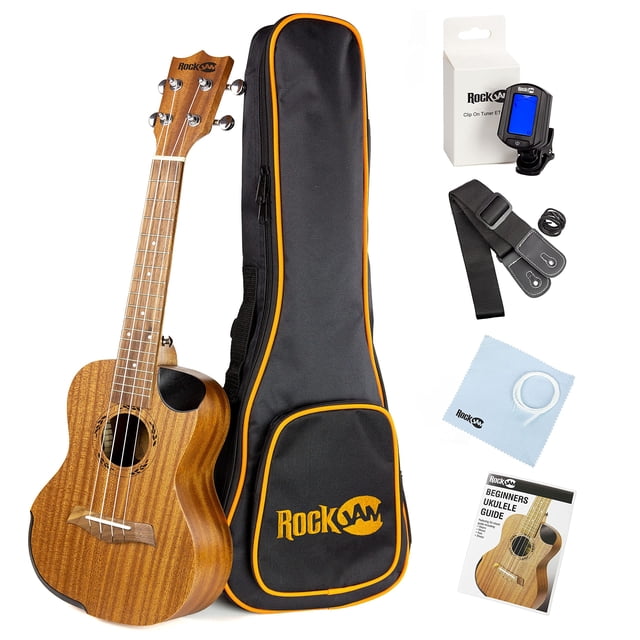 RockJam Premium Kit de ukelele tenor con afinador, funda, correa, púas y cuerdas de repuesto, 4, derecho, natural, completo (RJUK-712T-N)