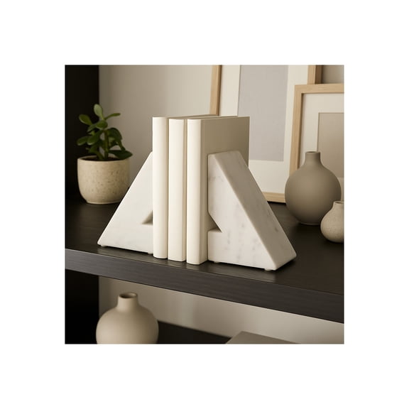 Decorative Marble Triangle Bookends - Stylish Book Accessories for Home Library and Table Accents - Modern Elegant Book Ends for Bookshelf, Office Spaces, or Desk Decoration - Set of 2, 6", White
